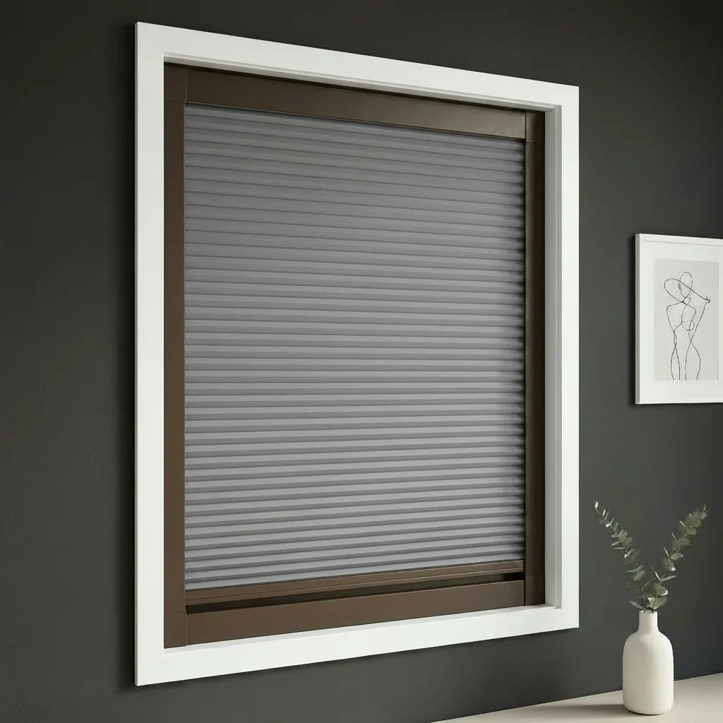FAIZ blackout cellular blind in Dark Grey fabric with Coffee Brown rail, shown for precise bedroom darkness control.