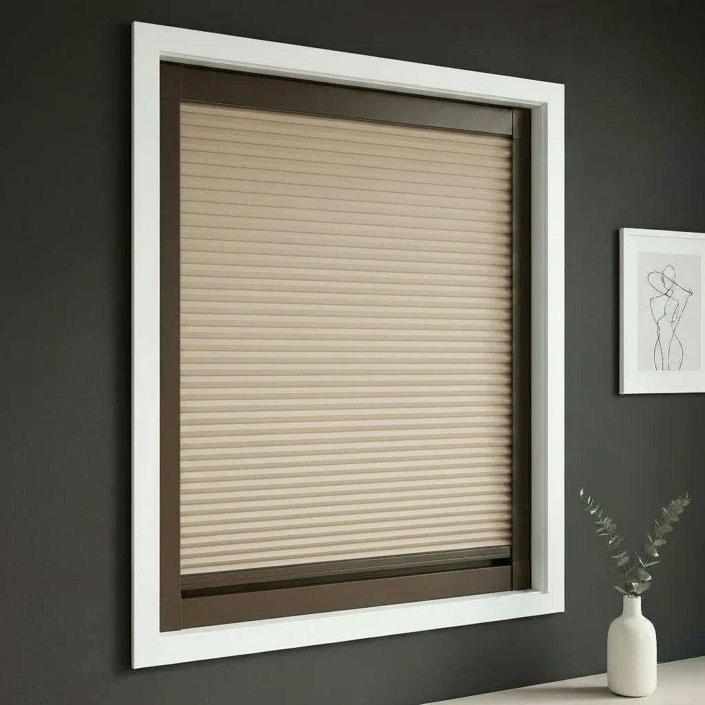 FAIZ blackout cellular blind in Light Coffee fabric with Coffee Brown rail, shown for home-theater darkness and nighttime privacy.