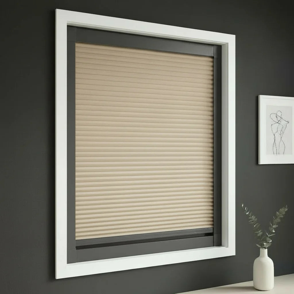 FAIZ blackout cellular blind in Light Coffee fabric with Dark Grey rail, shown for daytime rest in a night-shift sleep room.