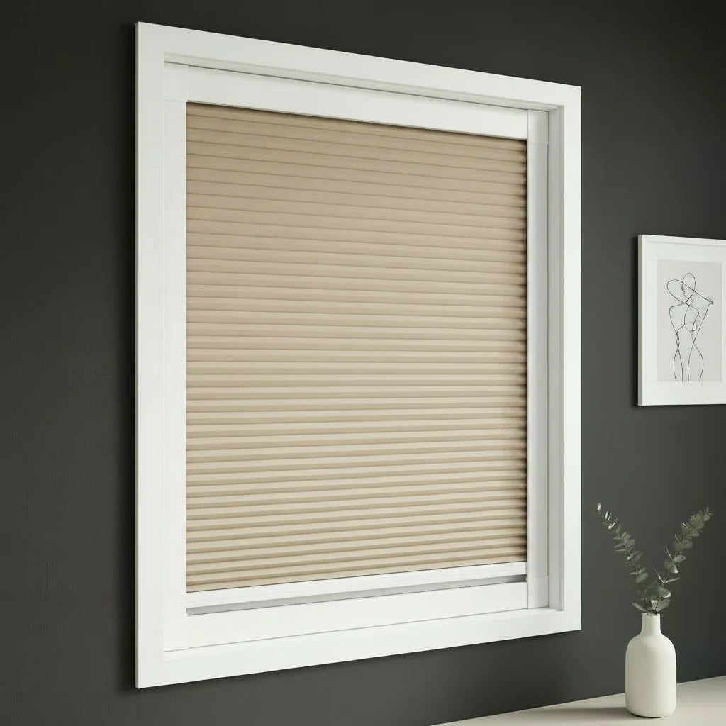 FAIZ blackout cellular blind in Light Coffee fabric with White rail, shown for gentle nursery sleep comfort and full darkness.
