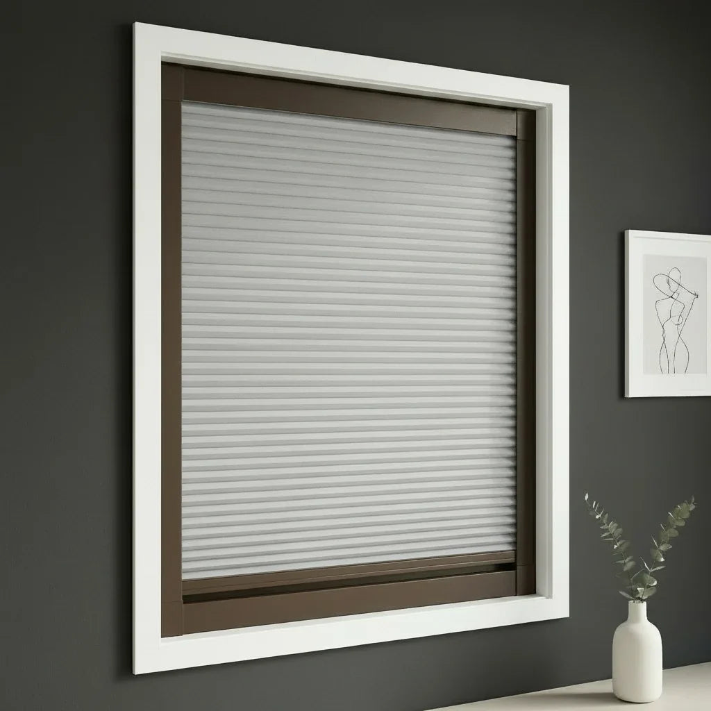 FAIZ blackout cellular blind in Light Grey fabric with Coffee Brown rail, shown for a calm, dark bedroom.