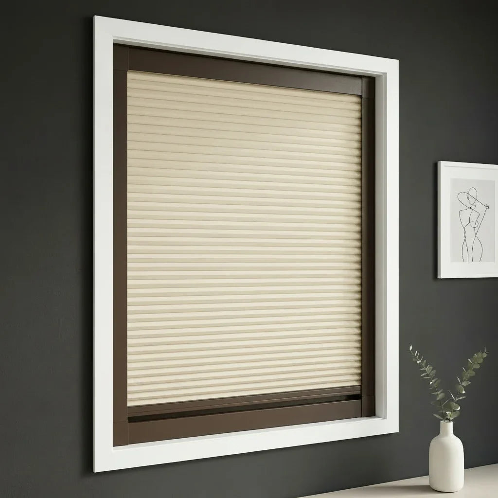 FAIZ blackout cellular blind in Light Khaki fabric with Coffee Brown rail, shown for a sleep-friendly bedroom with full light control.