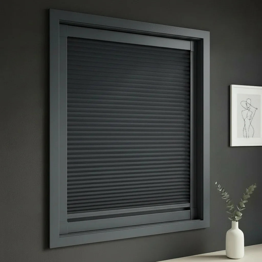 FAIZ blackout cellular blind in Navy Blue fabric with Dark Grey rail, shown for skylight darkness and a more restful sleep space.