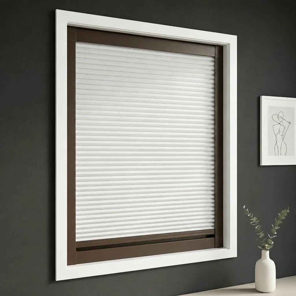 FAIZ blackout cellular blind in Pure White fabric with Coffee Brown rail, shown for a sleep-friendly, healthy home environment.