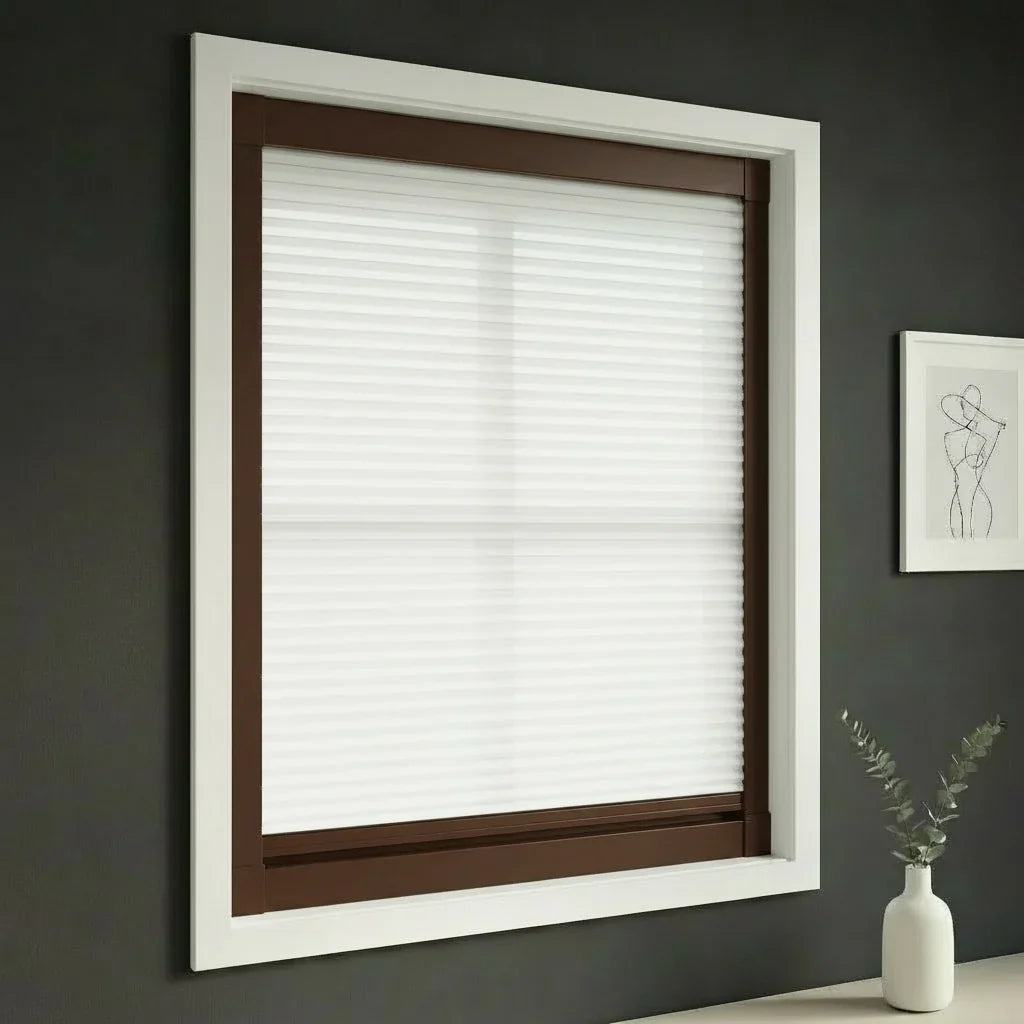 FAIZ light filtering cellular blind in White fabric with Coffee Brown rail, shown for balanced natural light in a healthy home.