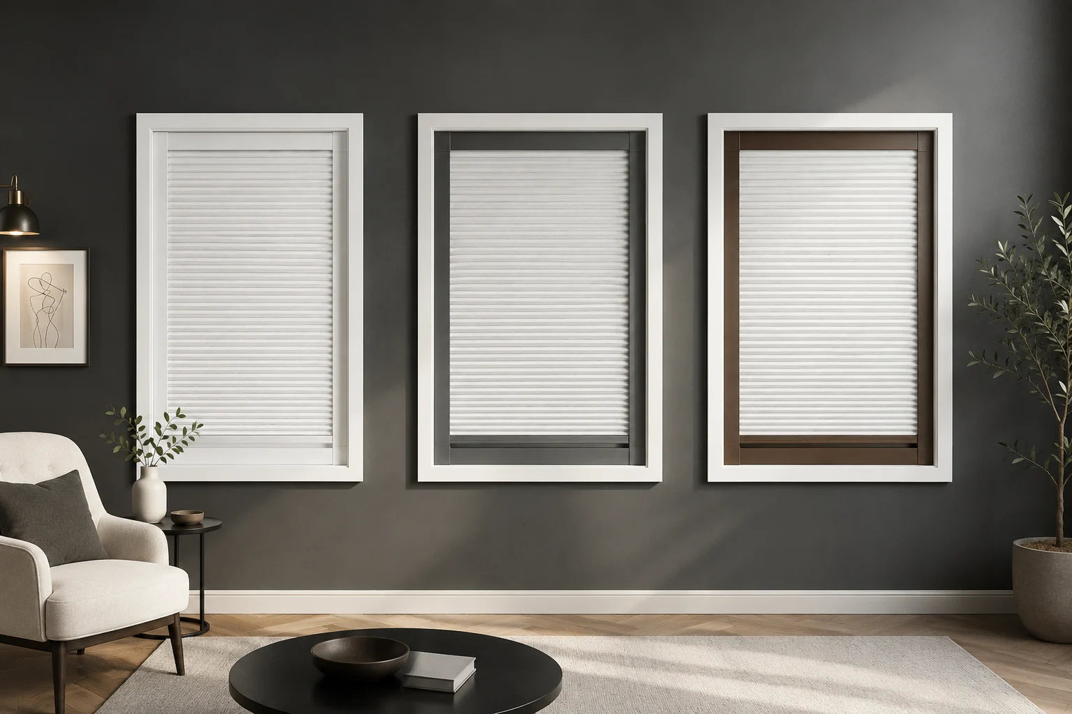 Cordless blackout cellular shades with coordinated rails in a calm modern room