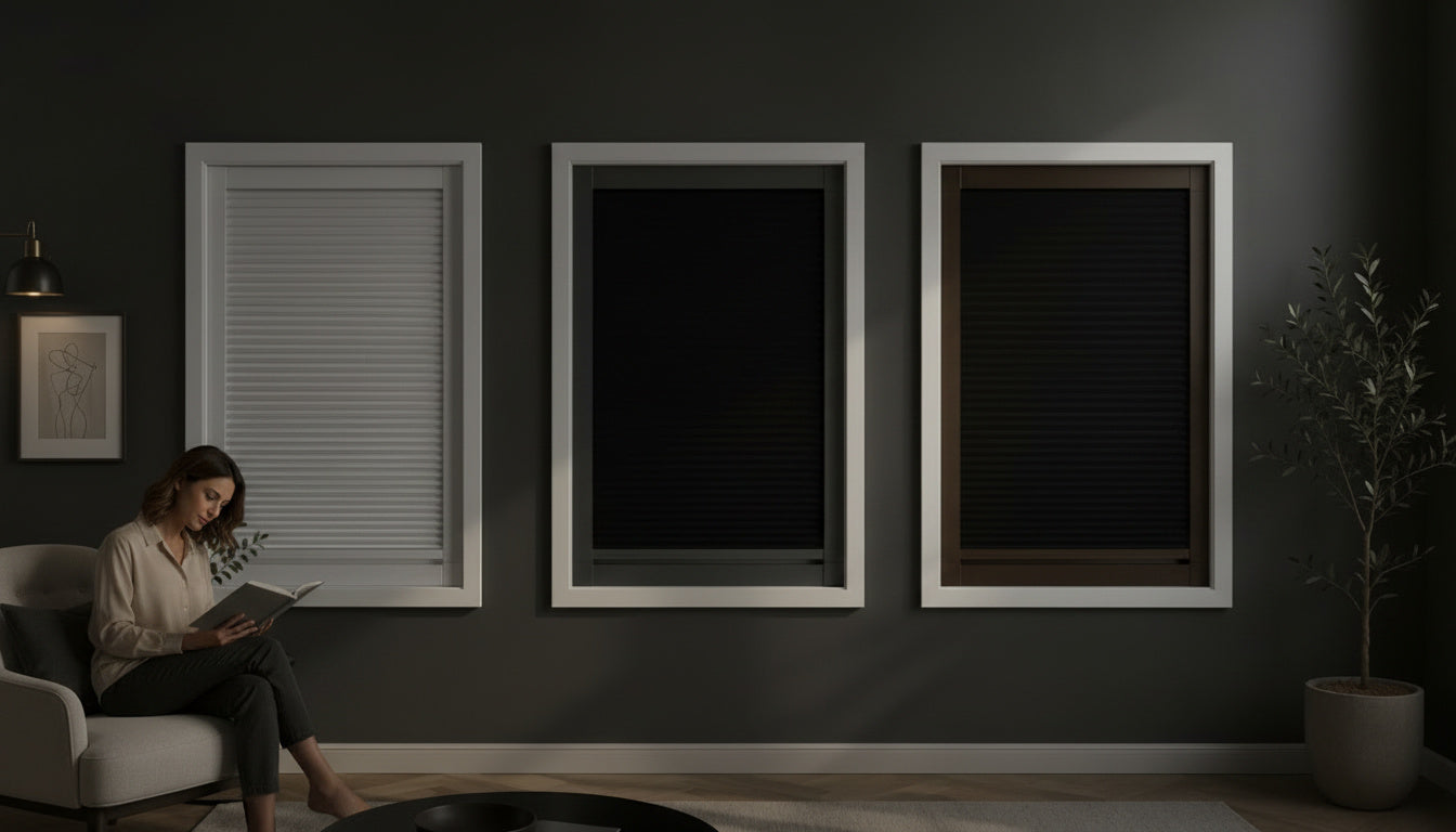 FAIZ total blackout honeycomb blinds creating a restful modern bedroom