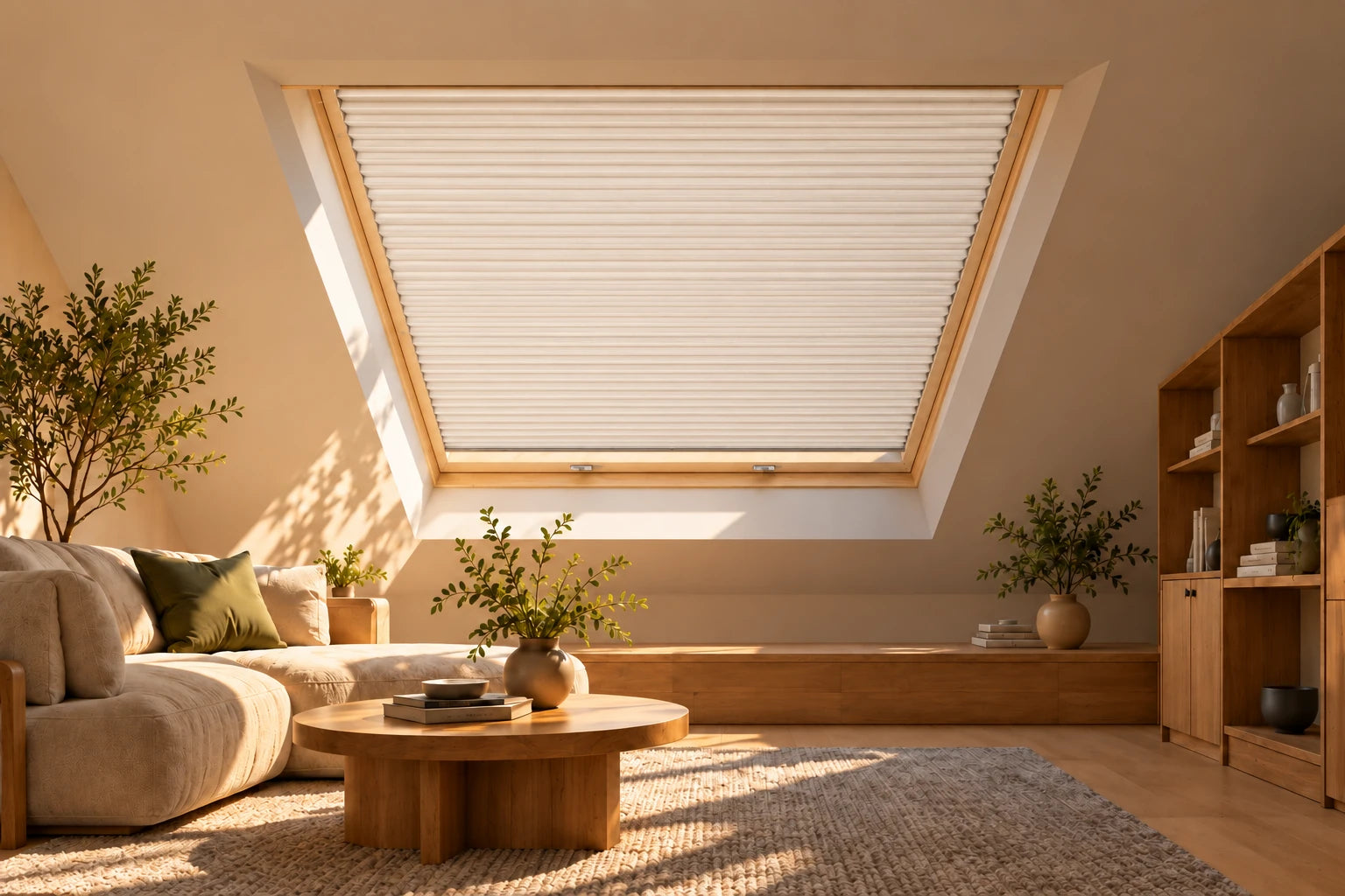 Illustrative room with skylight shade extended