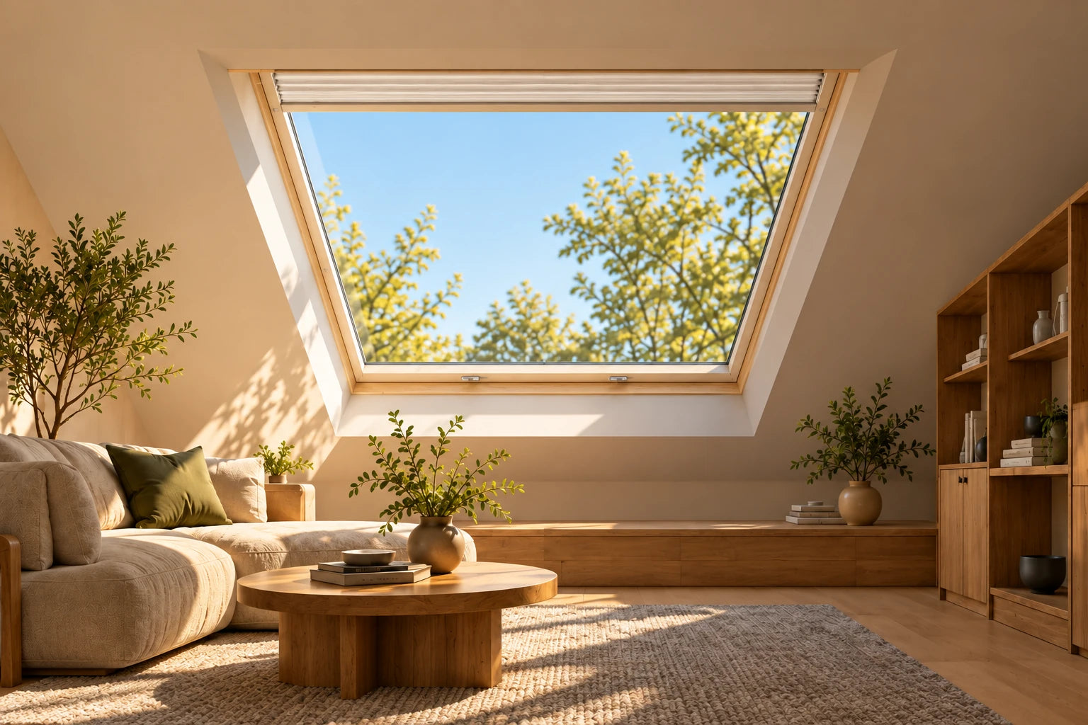 Same illustrative room with skylight shade retracted