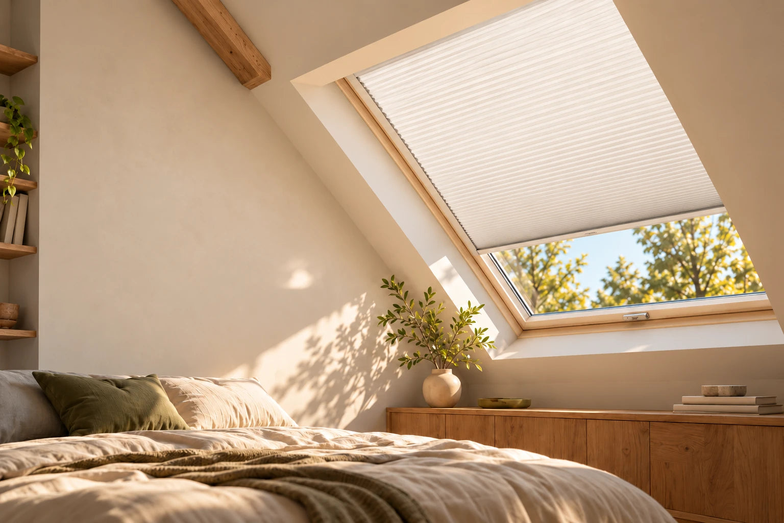 Illustrative warm bedroom with a cellular shade in a sloped skylight