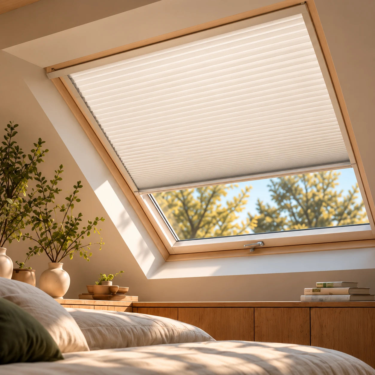 Illustrative installed manual cellular shade on a sloped skylight in a sunlit bedroom