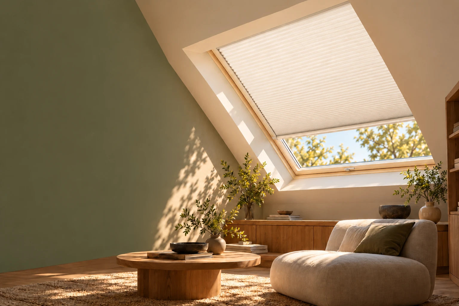Illustrative room with manual cellular shade in a sloped skylight